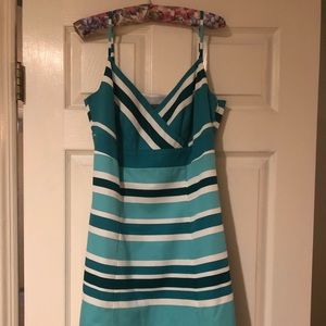 Ann Taylor Aqua and White Striped Sundress. 100% Cotton / Lining 100% Polyester.